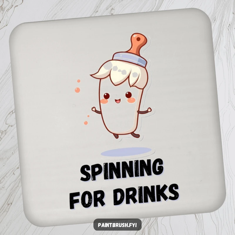 Funny drink coaster featuring a paintbrush character wearing a small hat and spinning happily, adding playful artistic charm.
