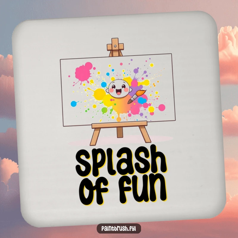 Funny Coasters: A cheerful paintbrush character splatters vibrant paint onto a canvas, offering humorous surface protection.