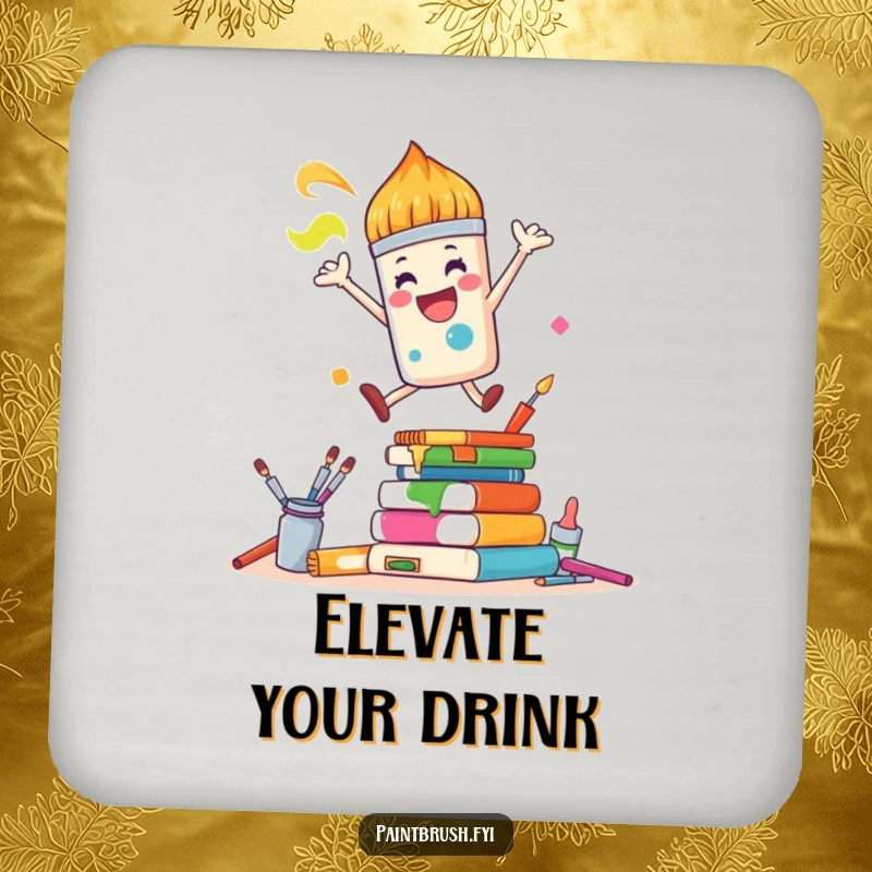 Funny Coasters: A joyful paintbrush character leaps over colorful art supplies, offering humorous surface protection.