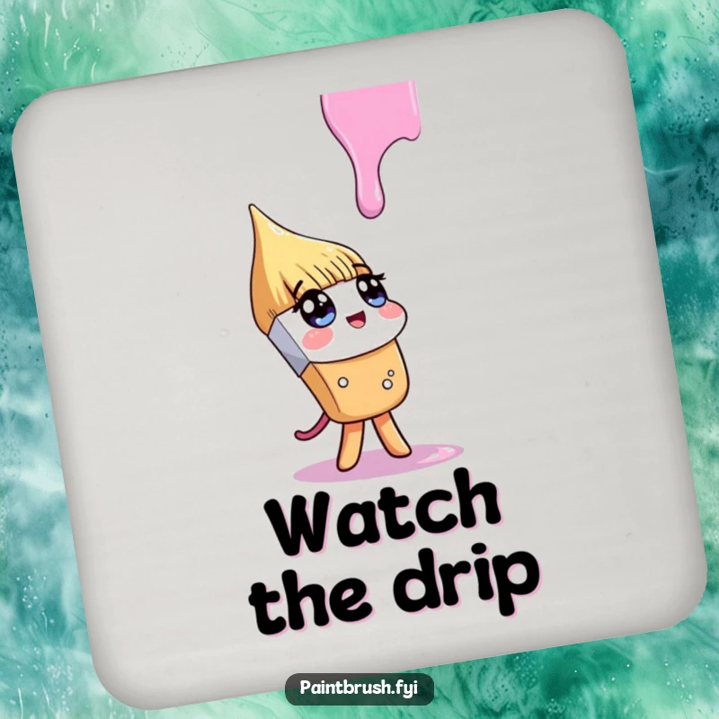 Funny drink coaster featuring a paintbrush character looking up inquisitively at a falling paint drip, adding a touch of artistic contemplation.