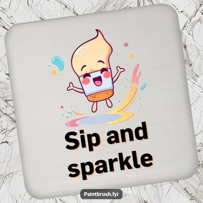 Funny Coasters: An excited paintbrush character spinning and leaving a trail of glittery paint, protecting surfaces with art.