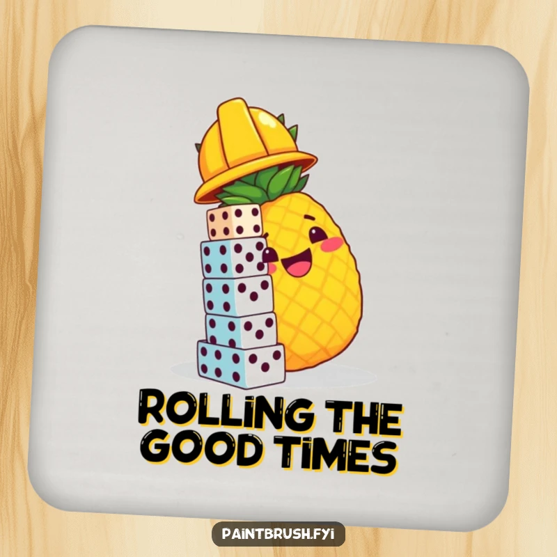 Funny drink coaster featuring a pineapple construction worker stacking dice, adding a protective and humorous element to any table surface.