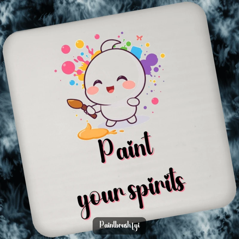 Funny drink coasters depicting a small round character joyfully splattering rainbow colors with a paintbrush, protecting surfaces with artistic flair.