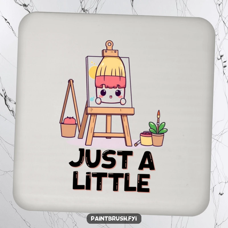 Funny Coasters: A shy paintbrush character peeks from behind a large art easel, offering humorous and subtle surface protection.