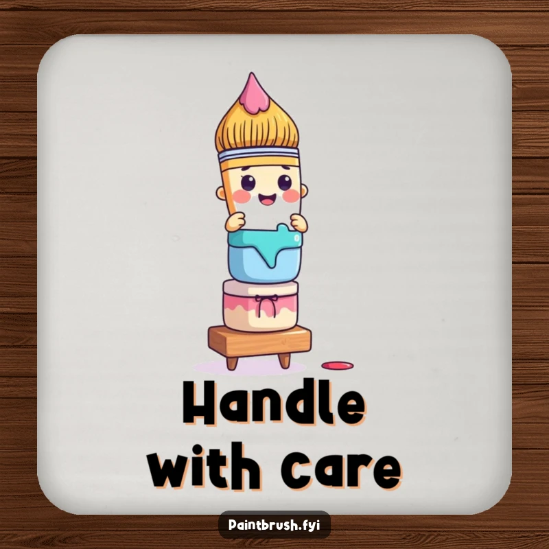 Funny paintbrush coaster featuring a character precariously balancing colorful paint pots, adding artistic humor to tabletops.