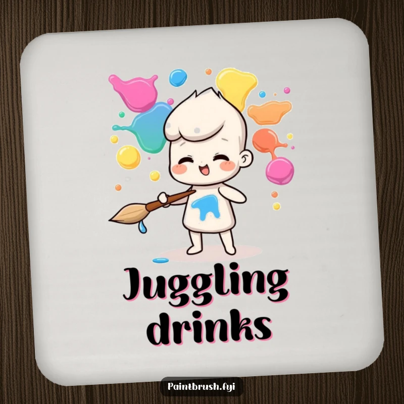 Funny drink coasters depicting a paintbrush character skillfully juggling bright paint blobs, adding artistic flair.