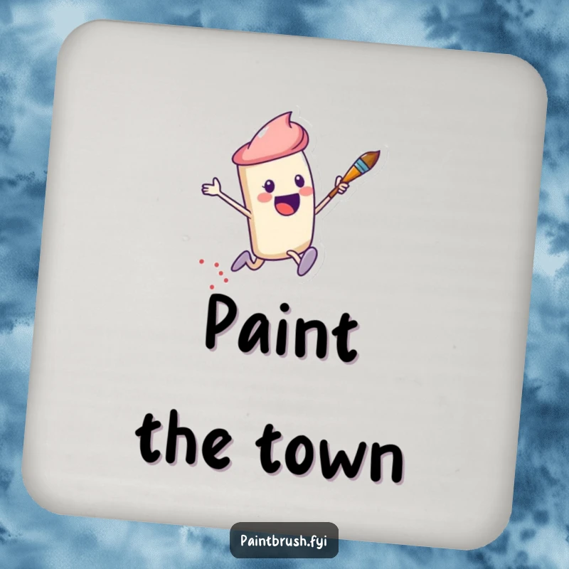 Funny Drink Coaster showcasing a leaping paintbrush character leaving a trail of colorful dots.