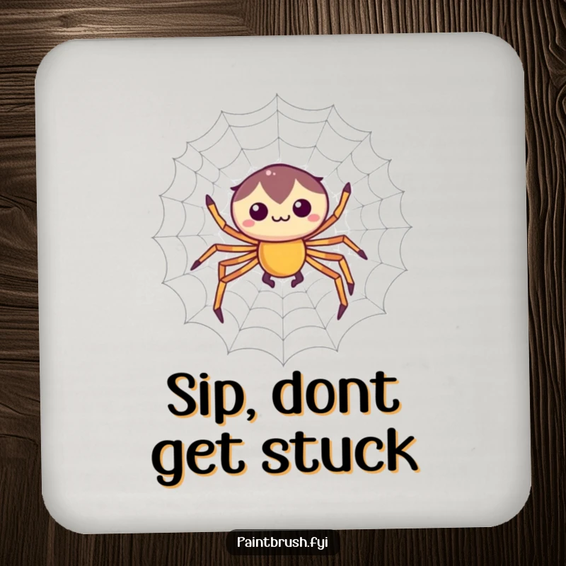 Funny drink coaster featuring a focused spider character weaving a perfectly symmetrical web, protecting tables with artistic humor.