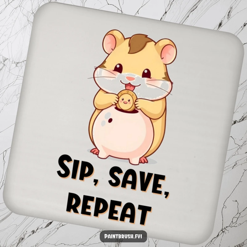 Funny coaster featuring a hamster character stuffing a single coin into a tiny piggy bank, symbolizing careful saving.