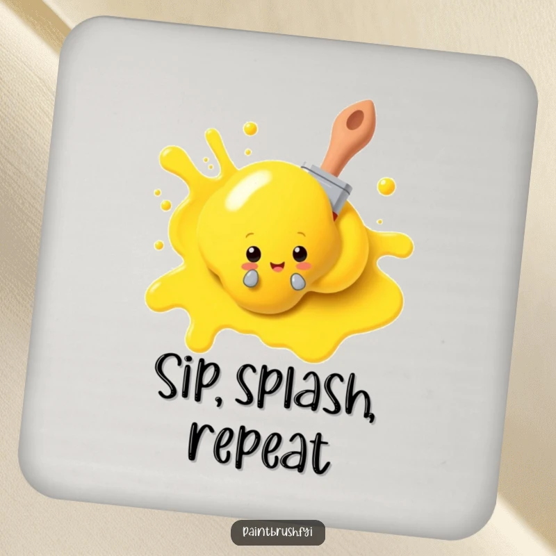 Funny paintbrush coaster, playfully peeking from behind a yellow paint blob, protecting surfaces with artistic humor. A decorative home gift.