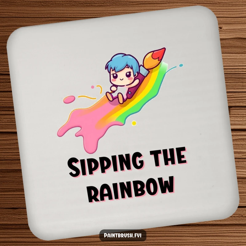 Funny paintbrush character sliding down a rainbow paint streak, on a drink coaster, a funny and practical art accessory.