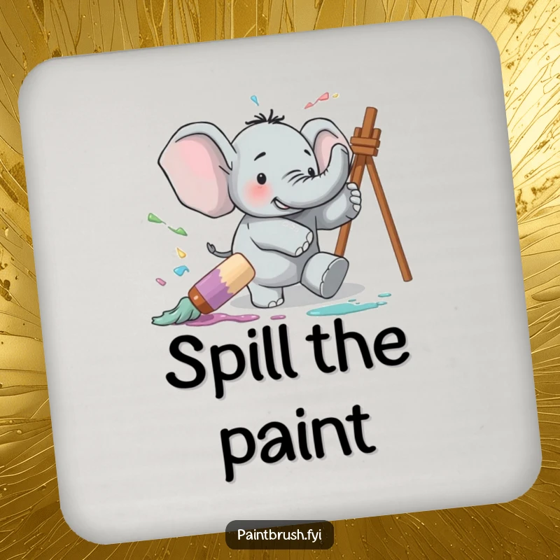 Funny coasters featuring a clumsy elephant tripping over a giant paintbrush, sending paint flying in a comical artistic mishap.