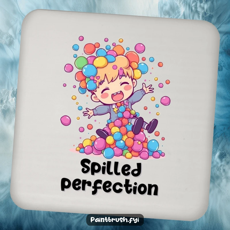 Funny painter character tripping, with colorful paint blobs flying, protecting your drink on a round drink coaster.