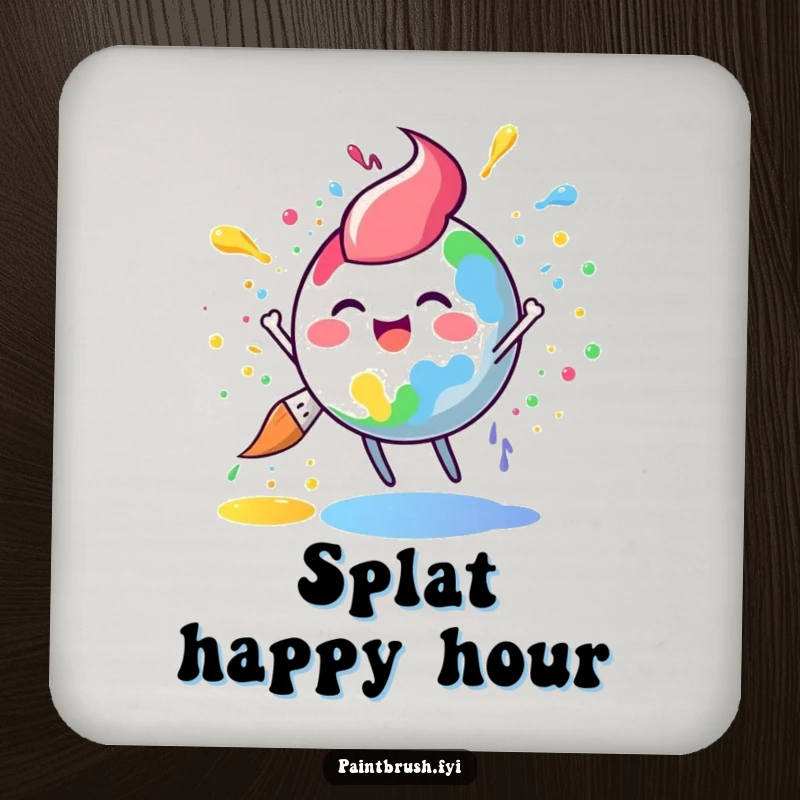 Funny paintbrush coaster featuring a round character joyfully splattering rainbow paint, adding artistic humor to tabletops.