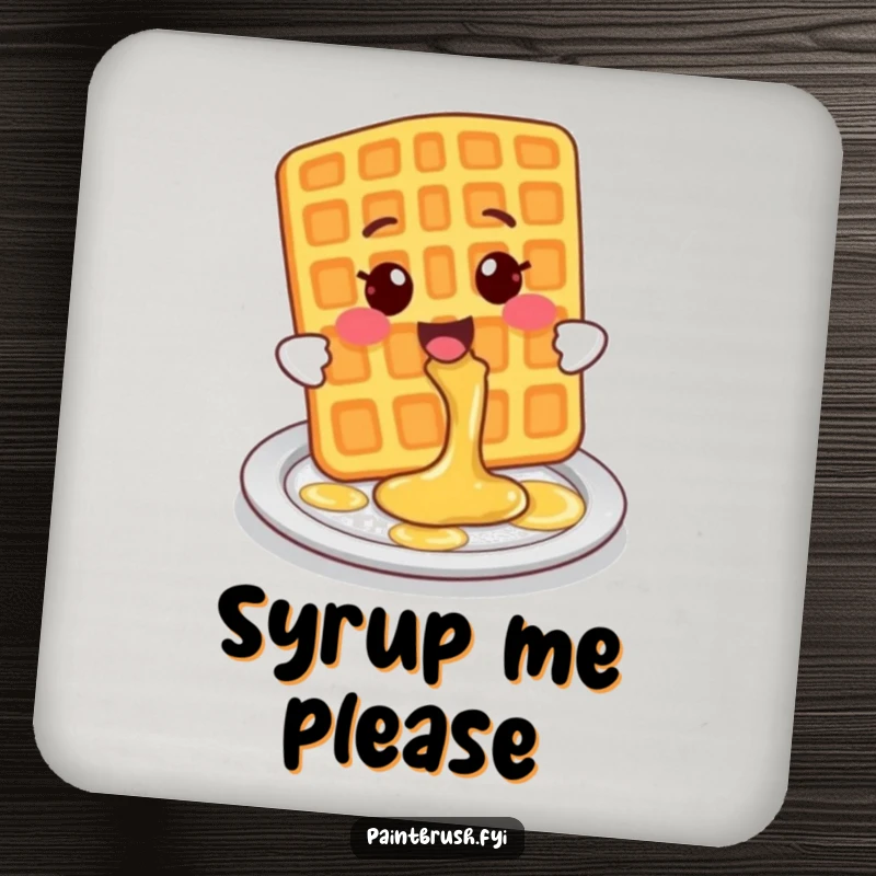 Funny Drink Coaster featuring a smiling waffle character playfully splashing syrup onto a plate, adding breakfast charm.