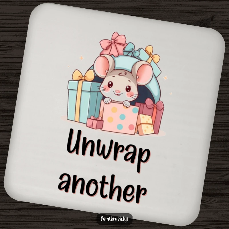 Funny mouse present coaster, little mouse peeking from under gifts, protecting surfaces with holiday humor.