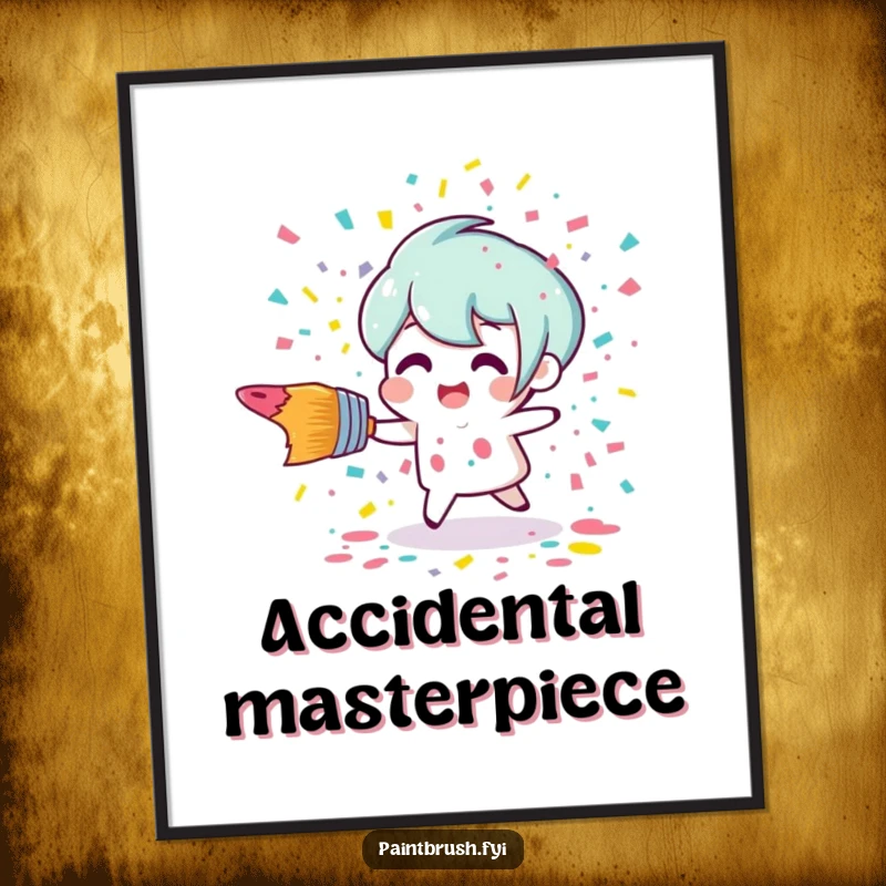 Funny paintbrush character tripping and scattering a vibrant explosion of paint confetti on this humorous wall poster.