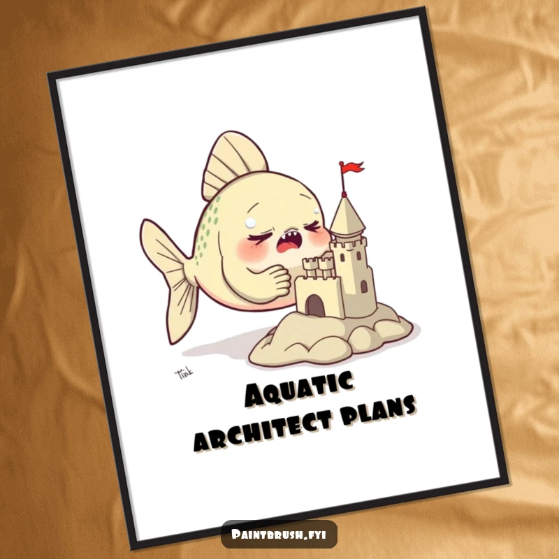 Funny poster illustrating a determined fish using its fins to sculpt a tiny, detailed clay castle, celebrating artistic grit.