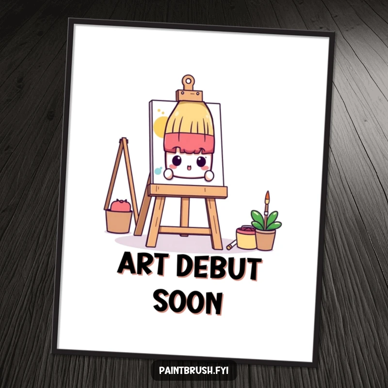 Funny Poster: A shy paintbrush character peeks from behind a large art easel, creating a humorous and relatable art print.