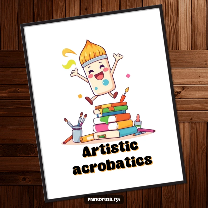 Funny Poster: A joyful paintbrush character leaps energetically over a stack of colorful art supplies, creating a humorous art print.