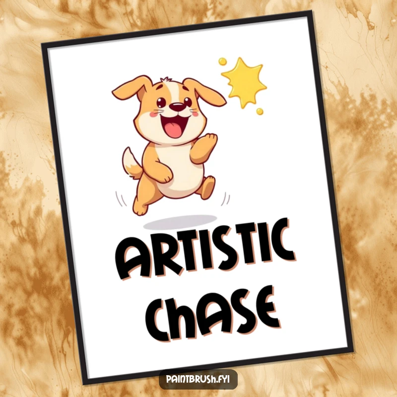 Funny dog poster capturing a bouncy dog excitedly chasing a flying paint splat, adding vibrant energy to decor.