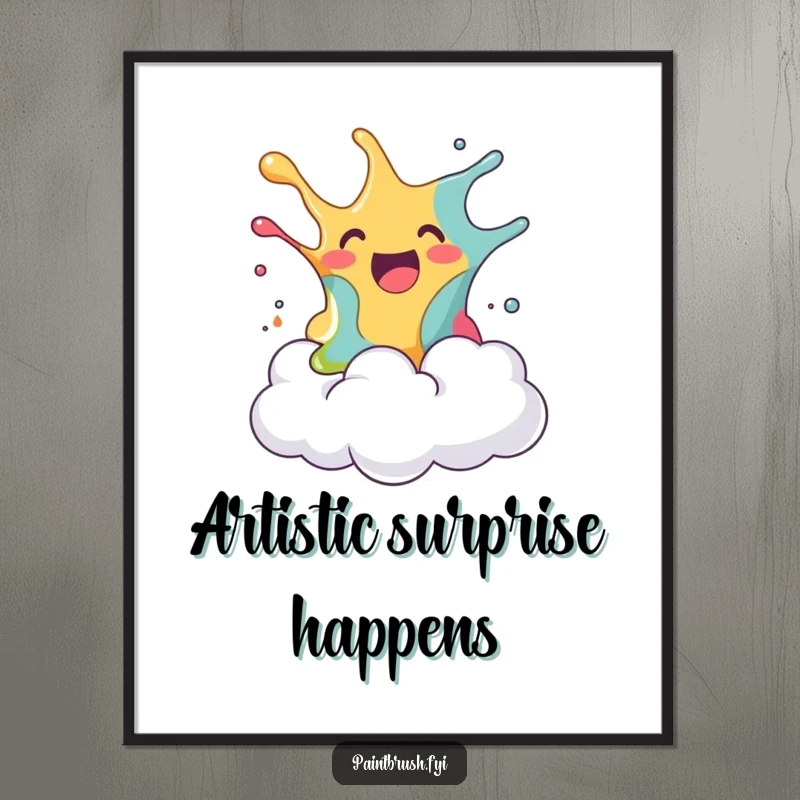Funny poster of a blob of paint joyfully splashing onto a surprised fluffy cloud, symbolizing humorous art and surprise, a great funny gift.