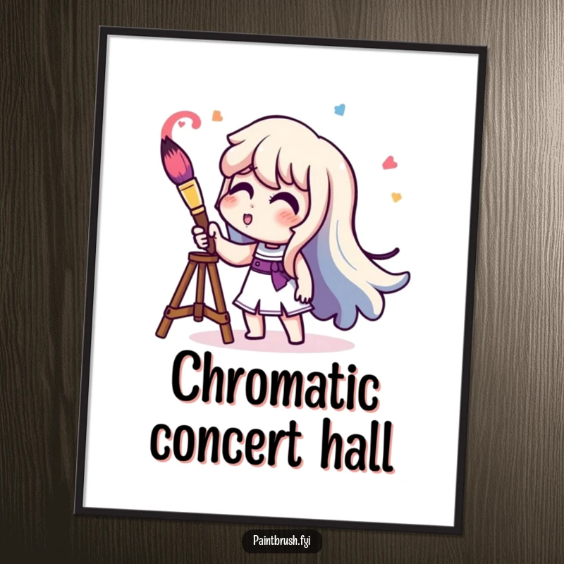 Funny character playing a paintbrush like a trumpet, creating a dynamic and colorful sound wave, a poster.