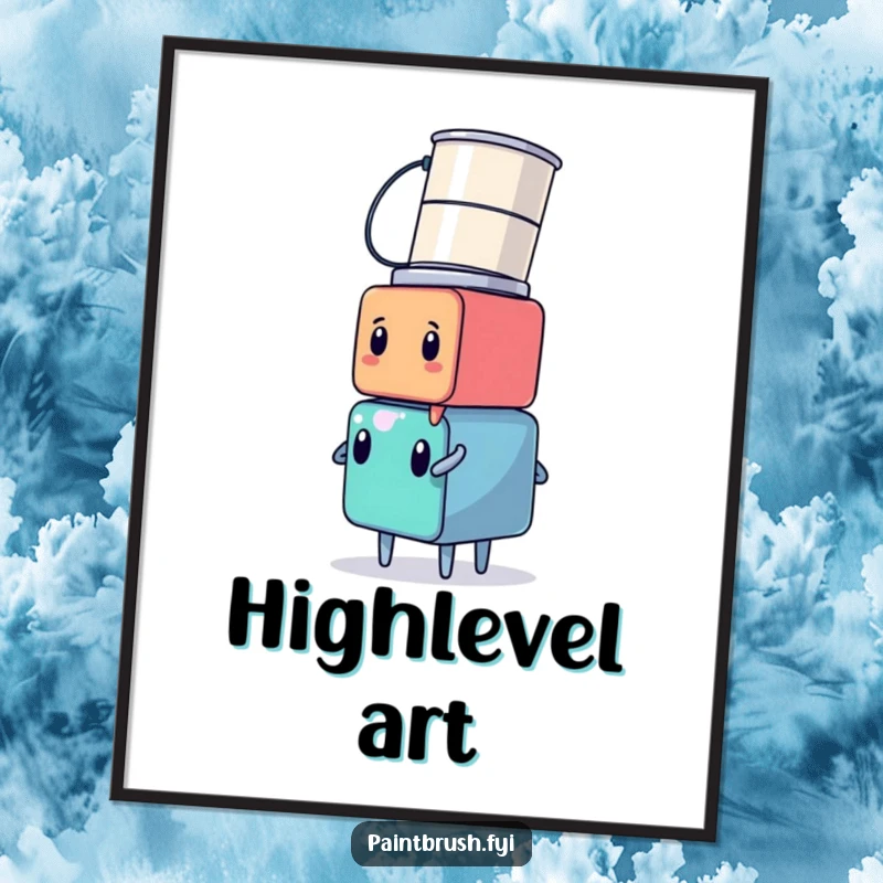 Funny cube character balancing a tall stack of colorful paint cans on its head, against a simple background, on a poster.