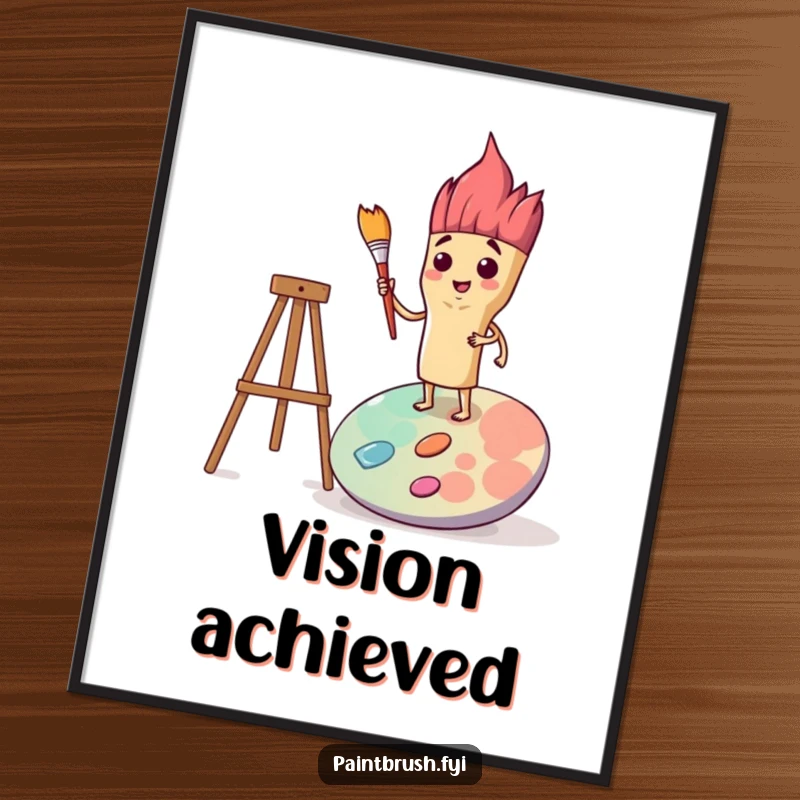 Funny poster illustrating a determined paintbrush character planted on a large palette, brush in hand, representing artistic ambition.