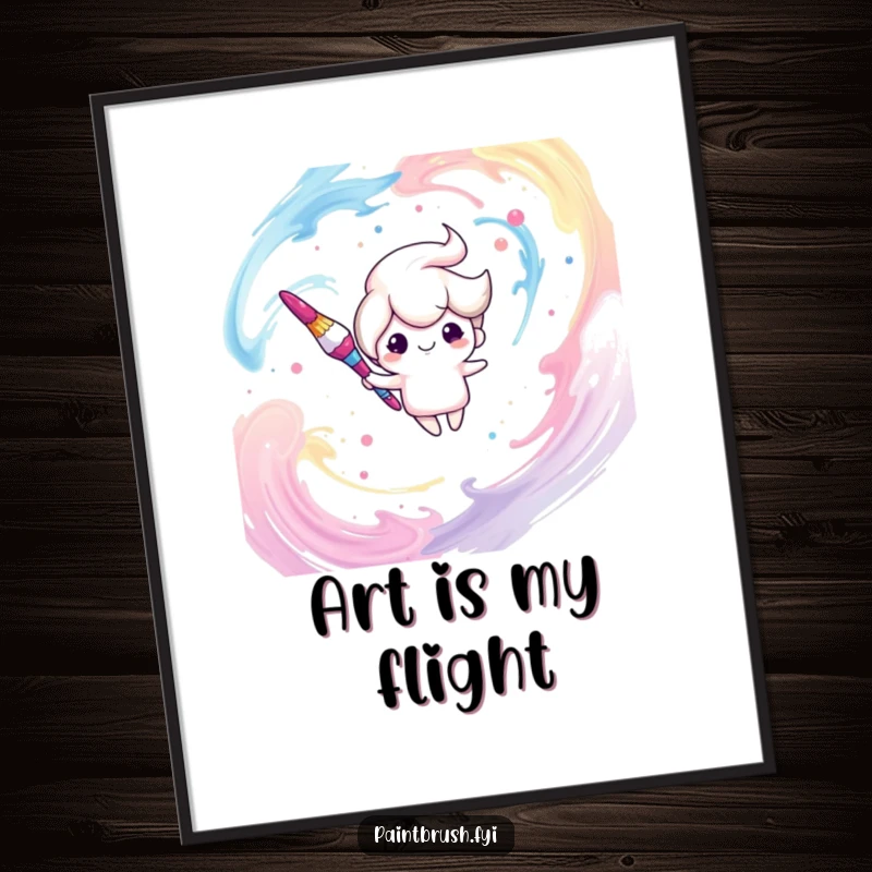 Funny poster displaying a whimsical paintbrush character floating serenely within a vortex of vibrant, swirling paint, a piece of art.