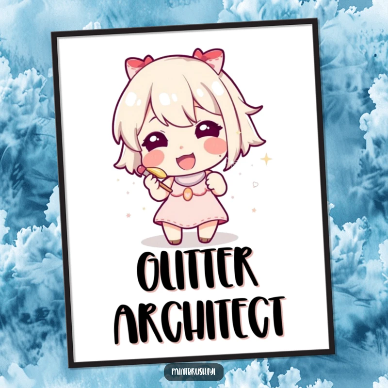 Funny character meticulously painting a tiny speck of glitter with a small brush, humorous wall art.