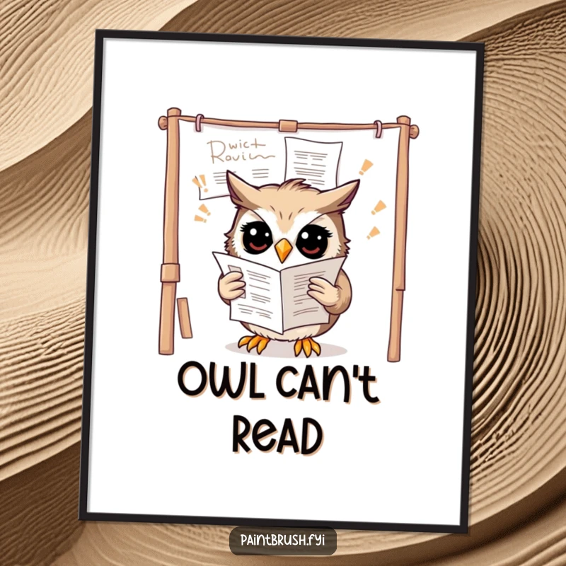 Funny owl poster capturing a confused owl trying to read instructions upside down on a canvas, creating a humorous scene.