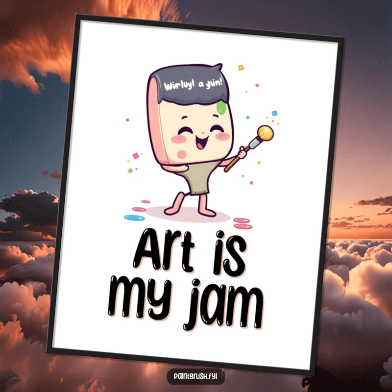 Funny poster illustrating a joyful paintbrush character joyfully launching paint blobs like confetti, bringing a burst of artistic fun to any room.