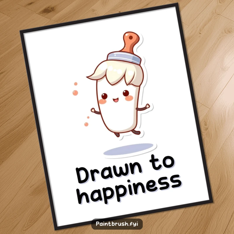 Funny poster art of a paintbrush character wearing a tiny hat and spinning joyfully, symbolizing creative energy and happiness.