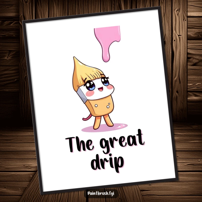 Funny poster of a paintbrush character looking up curiously at a falling paint drip, symbolizing the wonder and observation in art.
