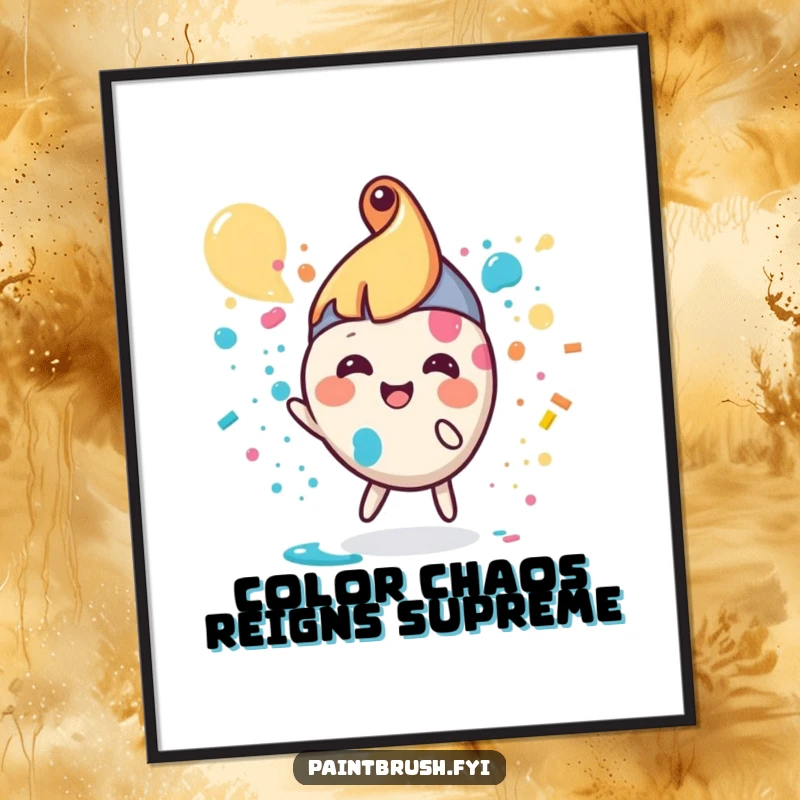 Funny paintbrush poster featuring a small, round character joyfully splattering paint, colorful wall art.