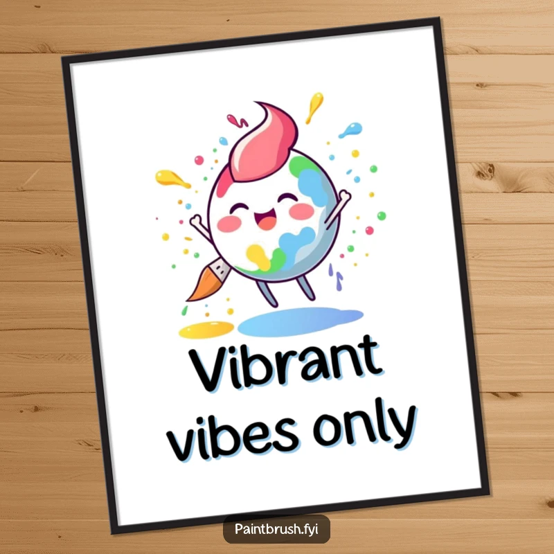Funny paintbrush poster featuring a round character joyfully splattering rainbow paint, adding vibrant and humorous art to any room.