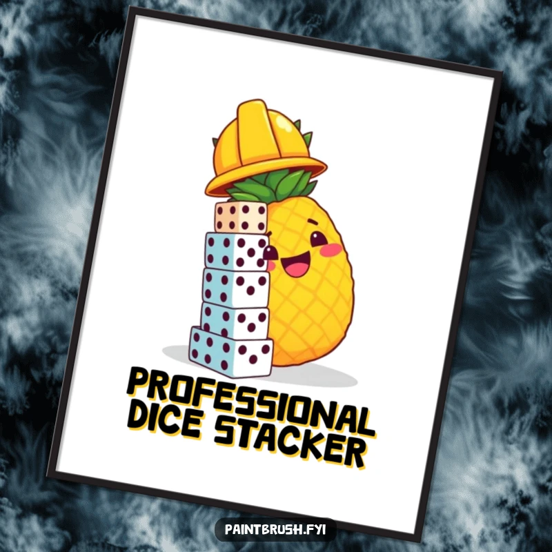 Funny poster showcasing a pineapple wearing a hard hat, attempting to build a dice tower, bringing cheerful construction humor to any room.