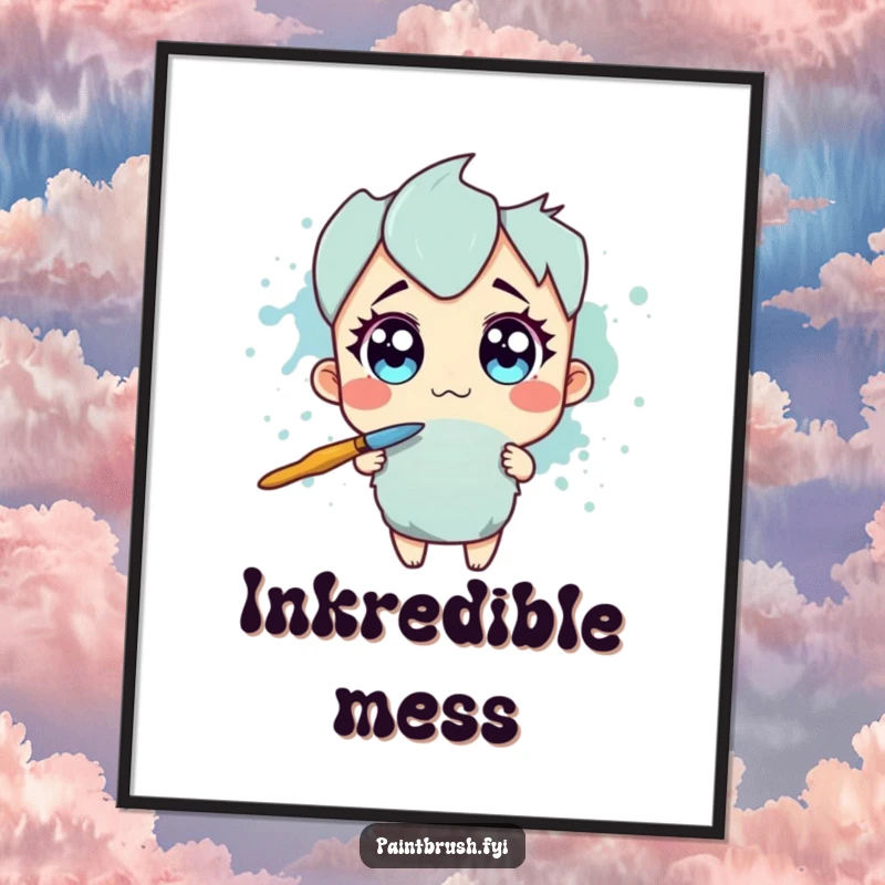 Funny Poster: Paintbrush character with wide eyes recoiling from a large ink splotch, a humorous and artistic wall decoration.