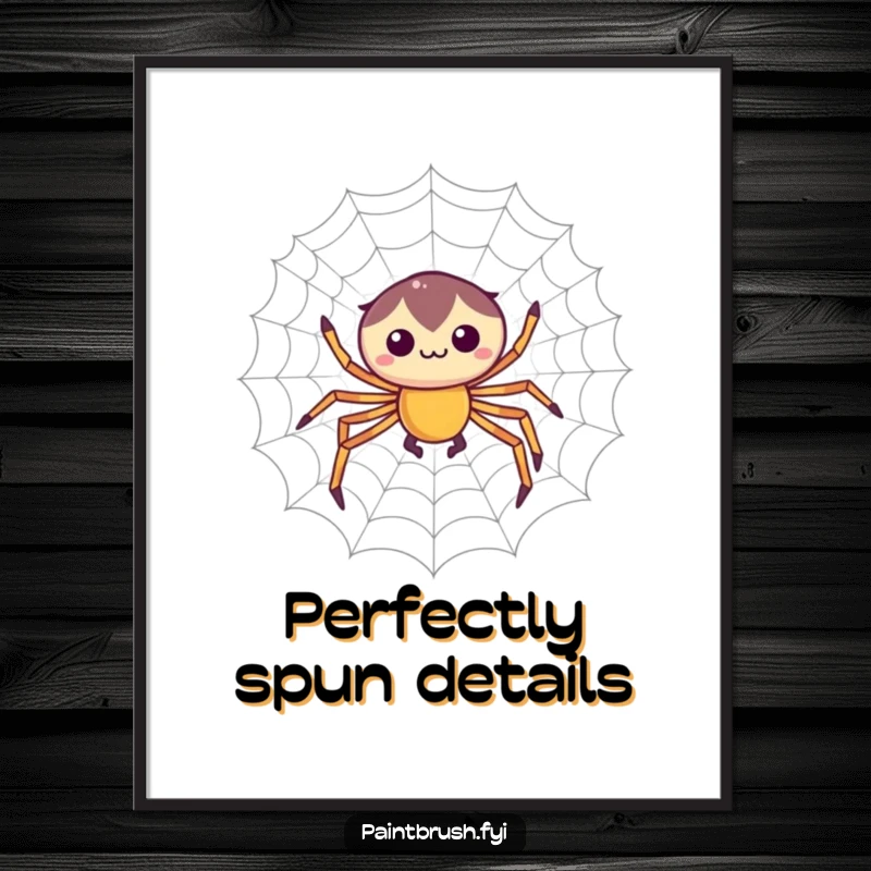 Funny poster art of a focused spider character weaving a perfectly symmetrical web with precision, symbolizing intricate and beautiful creation.