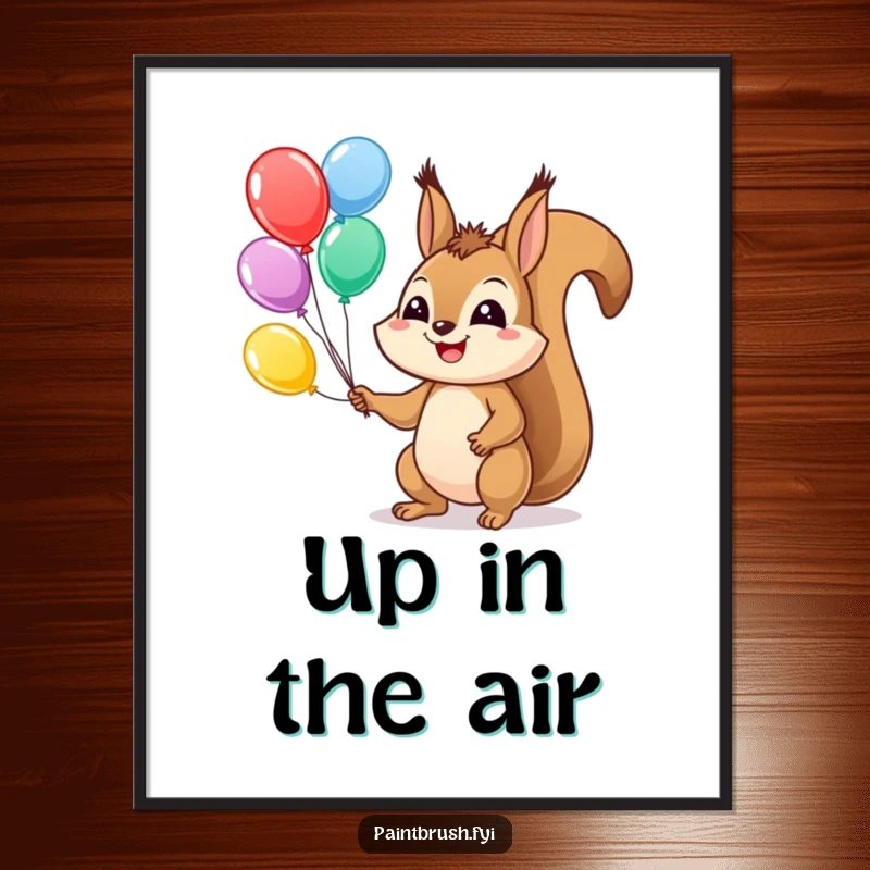Funny Squirrel Poster showing a cheerful squirrel juggling colorful balloons with a wide grin, perfect for playful wall art.