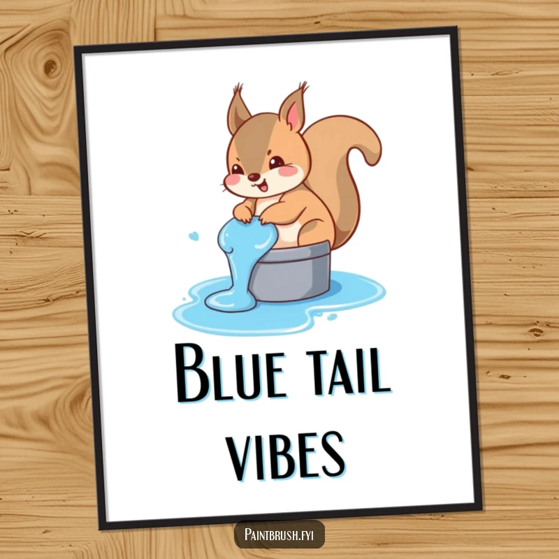 Funny squirrel poster capturing a mischievous squirrel accidentally dipping its tail in a bucket of blue paint, a humorous scene.
