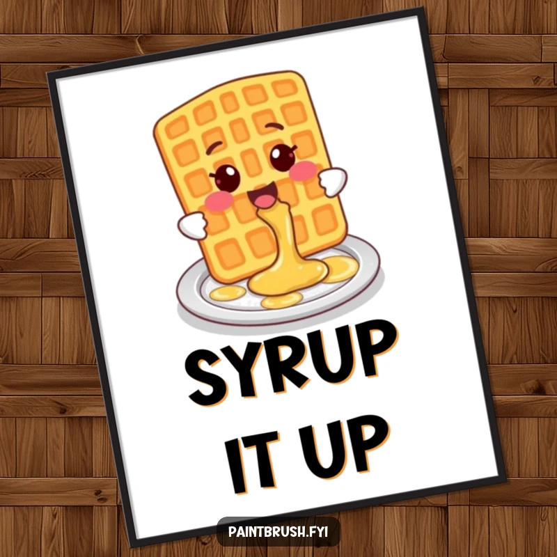 Funny Poster of a smiling waffle character gleefully splashing syrup onto a plate with a cheerful syrup waterfall.