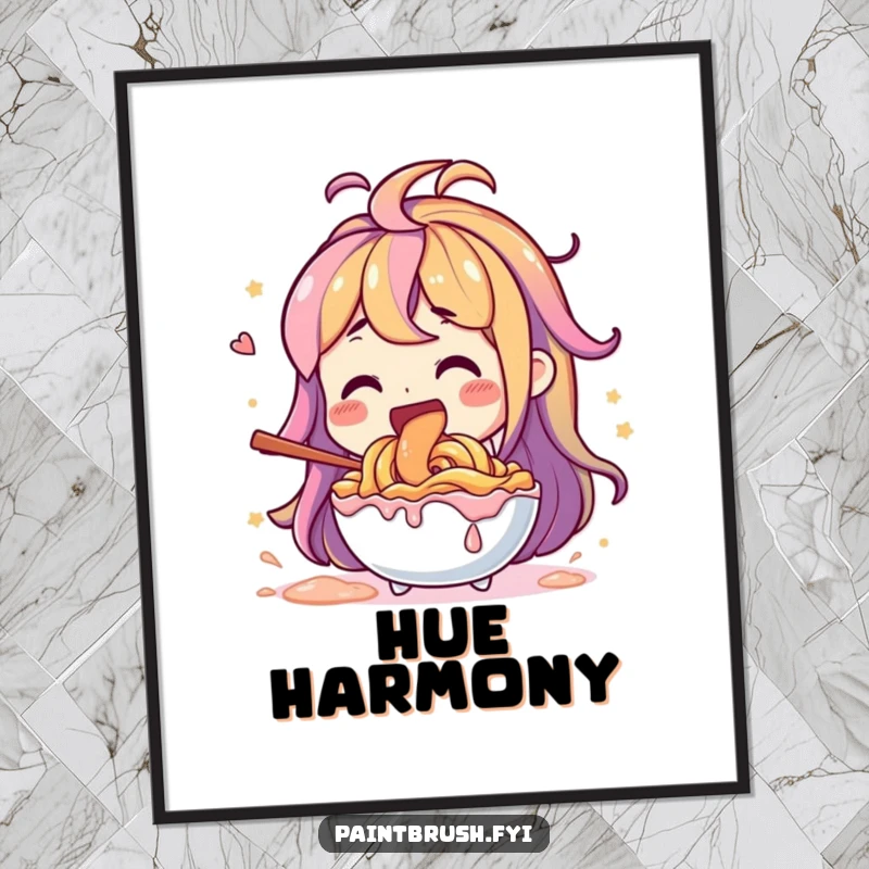 Funny character with a giant stirring tool, joyfully mixing vibrant paint colors, a humorous poster.