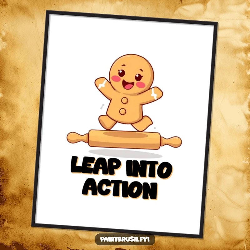 Funny gingerbread cookie character joyfully soaring over a rolling pin, illustrating a moment of triumph and sweet celebration.