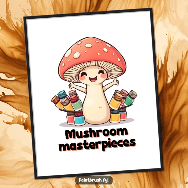 Funny mushroom poster depicting a cheerful mushroom struggling to balance numerous tiny paint pots, adding artistic humor.