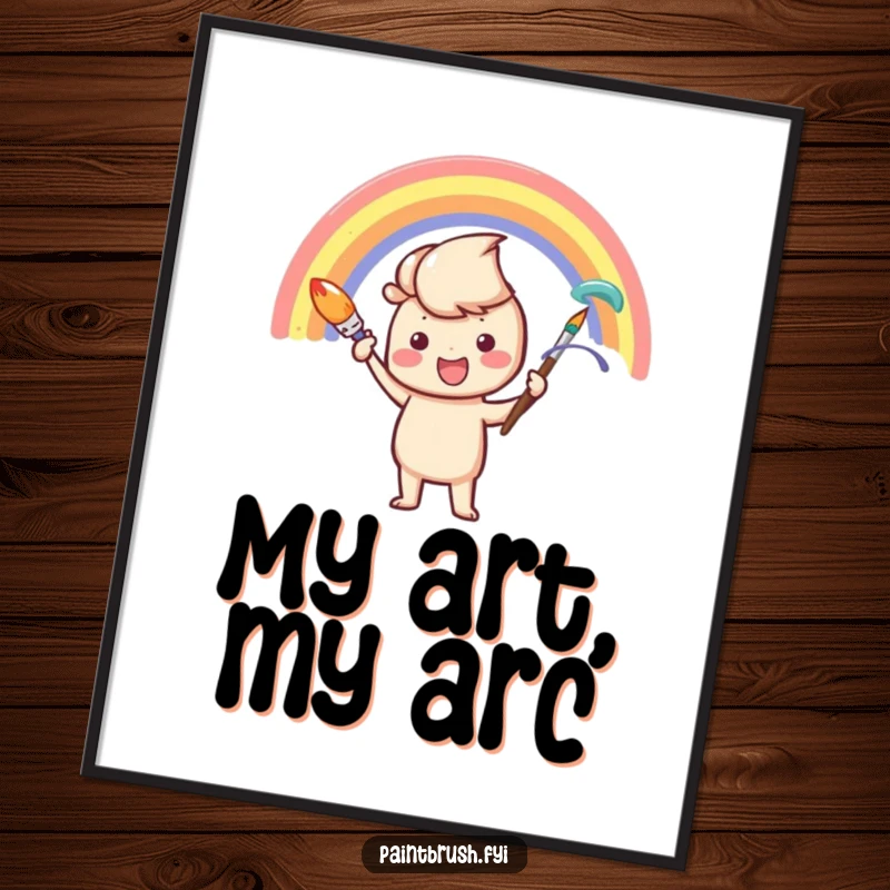 Funny Poster: An enthusiastic paintbrush character painting a vibrant rainbow arc, bringing a touch of creative joy to wall decor.