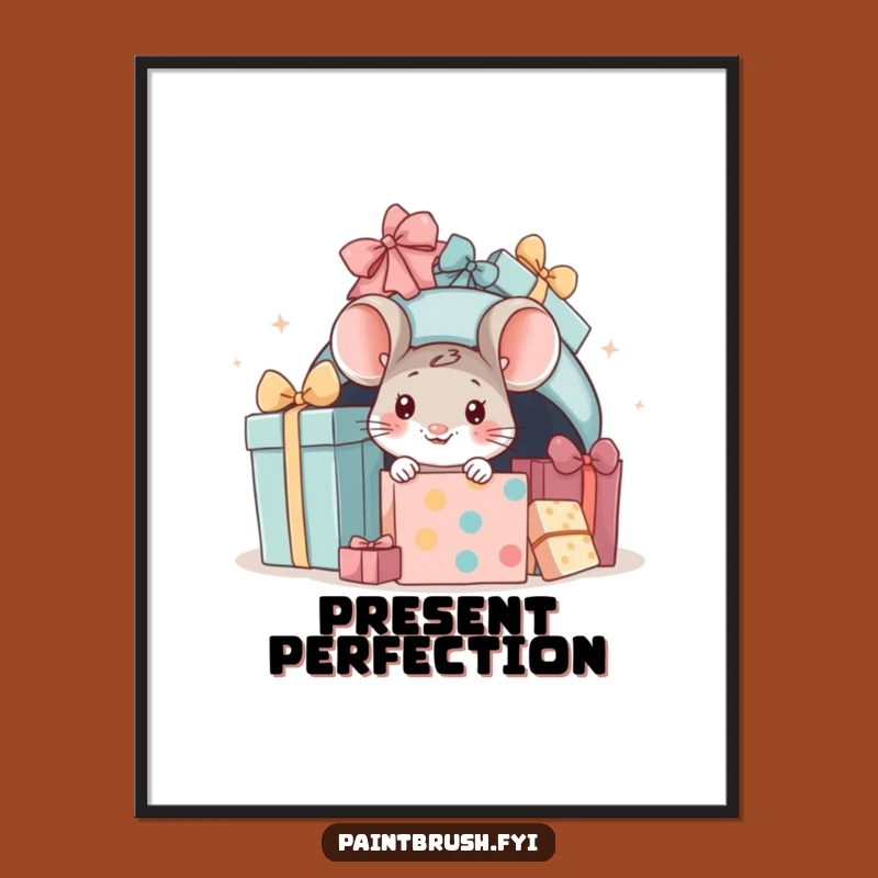 Funny Mouse Present Poster: Peeking Character Art for Festive Walls