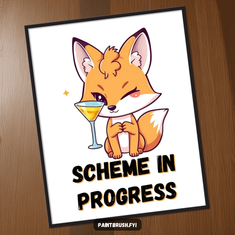 Funny Fox Poster showing a sly character enjoying a cocktail and winking, perfect for adding stylish ambiance.
