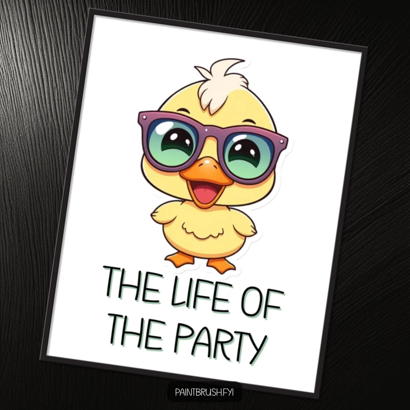 Funny duckling party poster, joyous duckling character with oversized party glasses, smiling brightly, creating a cheerful atmosphere.